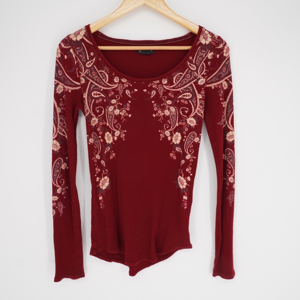Vtg Y2K Lucky Brand Waffle Knit Thermal Top M Burgundy Long Sleeve Floral Grunge - Picture 11 of 12